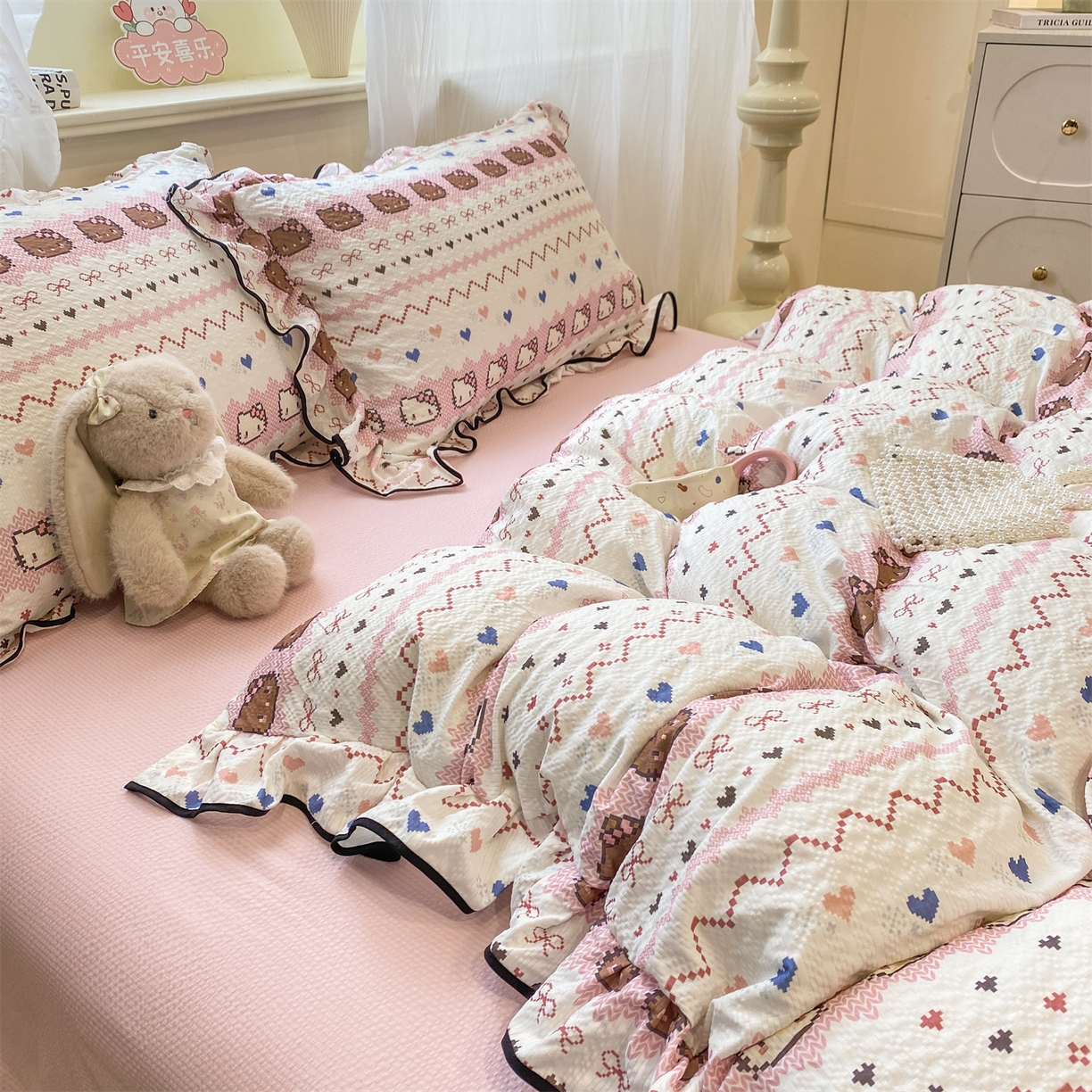 91家纺网 家纺一手货源 找家纺 优贝家纺 2026新款云感双层纱皱皱纱花边四件套 甜心时光