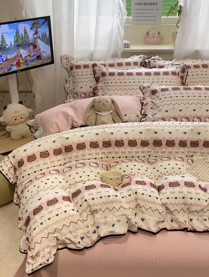 91家纺网 家纺一手货源 找家纺 优贝家纺 2026新款云感双层纱皱皱纱花边四件套 甜心时光