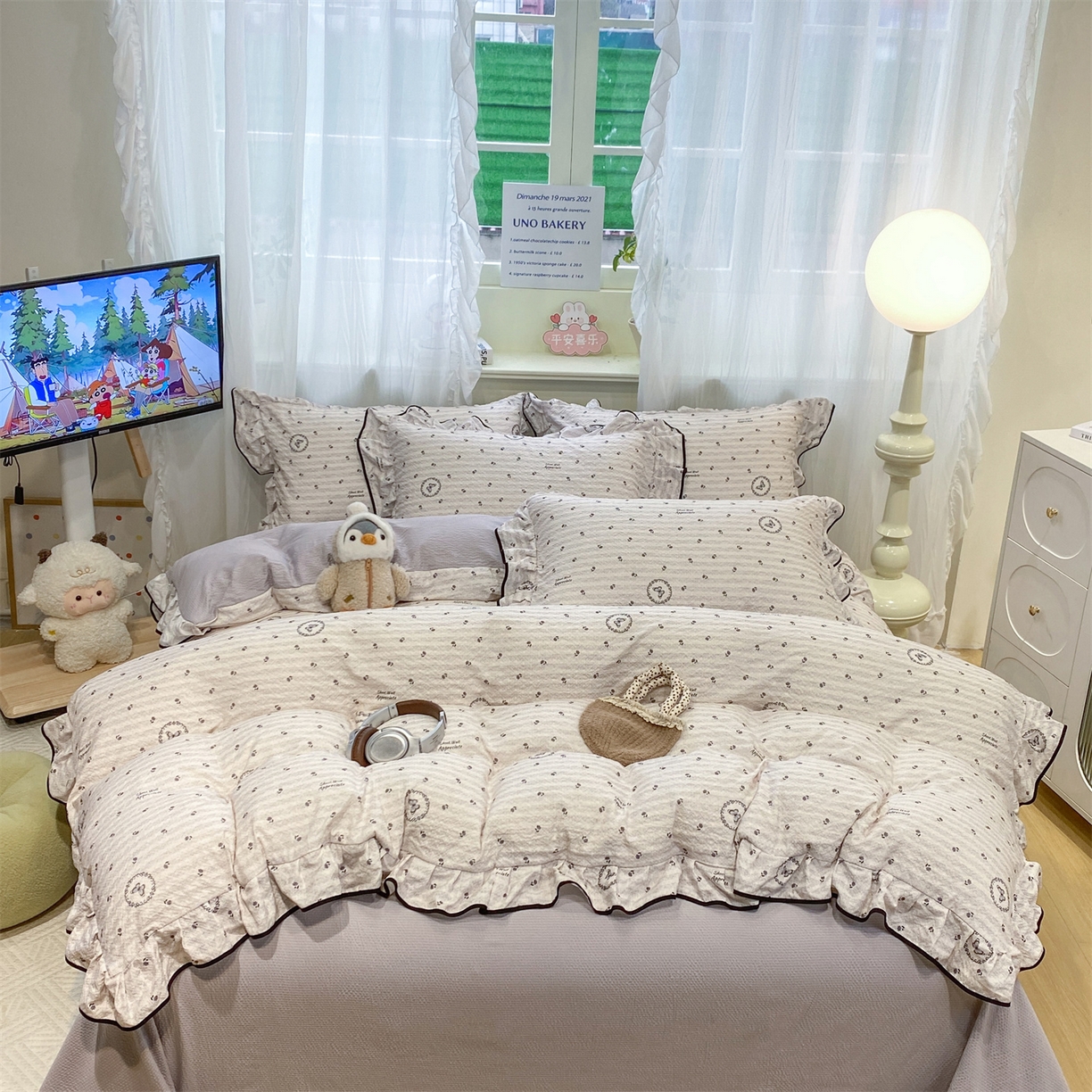 优贝家纺 2026新款云感双层纱皱皱纱花边四件套 小花蝴蝶结