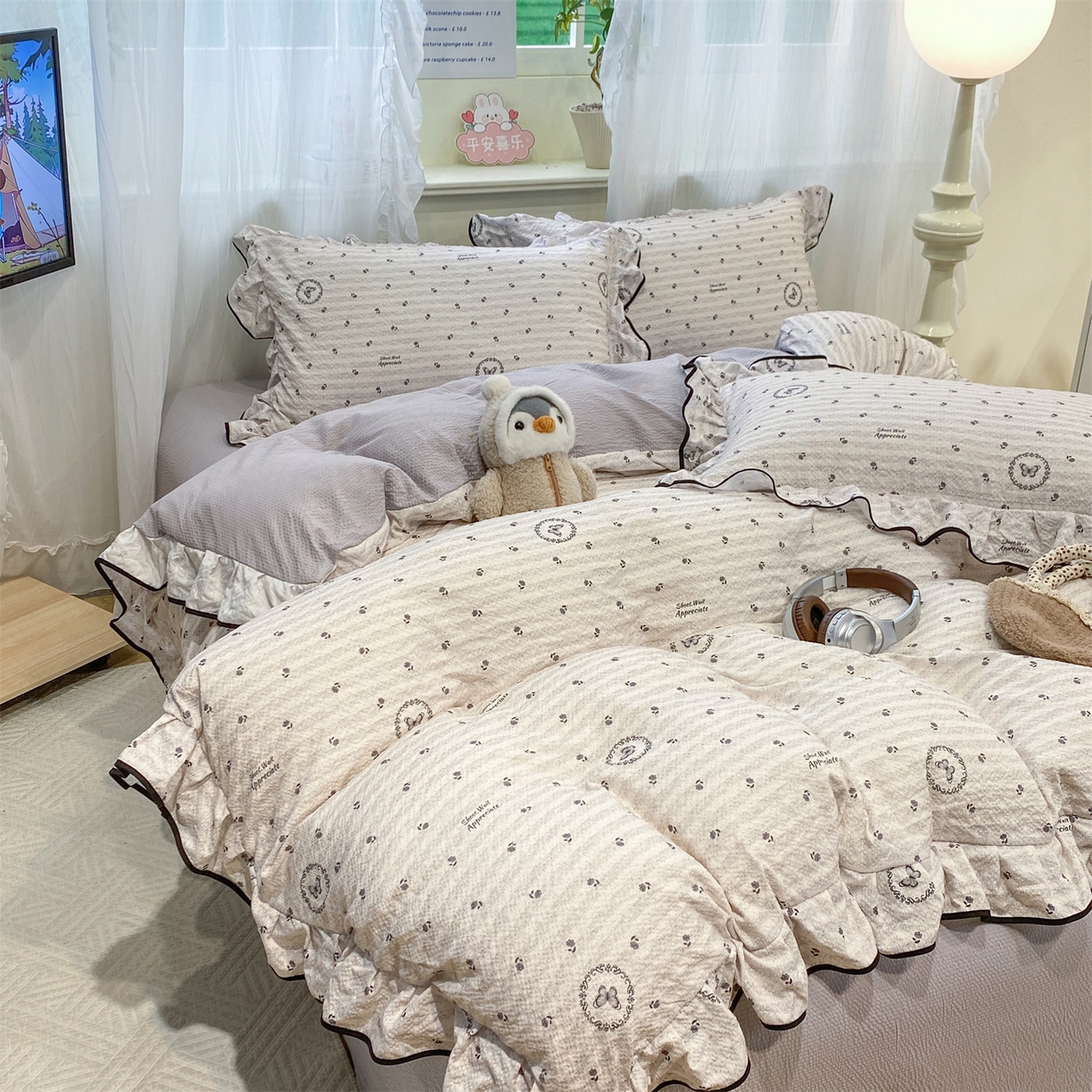 91家纺网 家纺一手货源 找家纺 优贝家纺 2026新款云感双层纱皱皱纱花边四件套 小花蝴蝶结