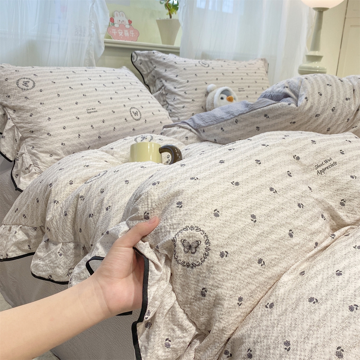 91家纺网 家纺一手货源 找家纺 优贝家纺 2026新款云感双层纱皱皱纱花边四件套 小花蝴蝶结