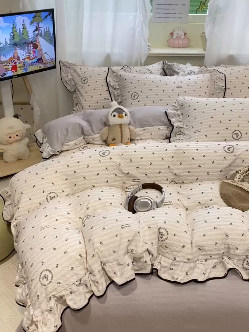 91家纺网 家纺一手货源 找家纺 优贝家纺 2026新款云感双层纱皱皱纱花边四件套 小花蝴蝶结