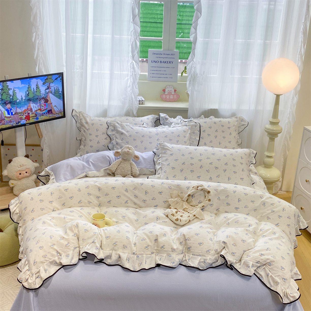 优贝家纺 2026新款云感双层纱皱皱纱花边四件套 小马乐园