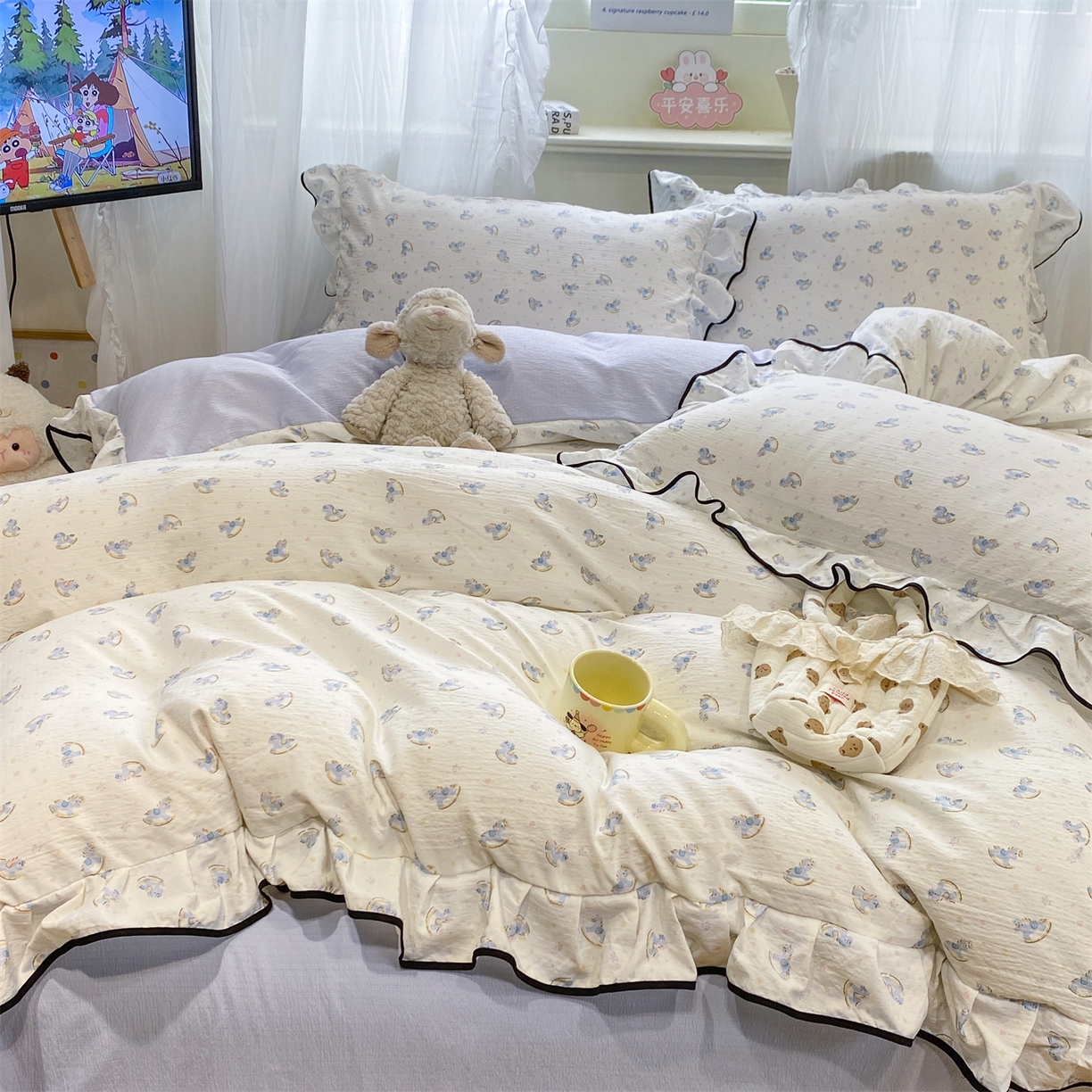 91家纺网 家纺一手货源 找家纺 优贝家纺 2026新款云感双层纱皱皱纱花边四件套 小马乐园