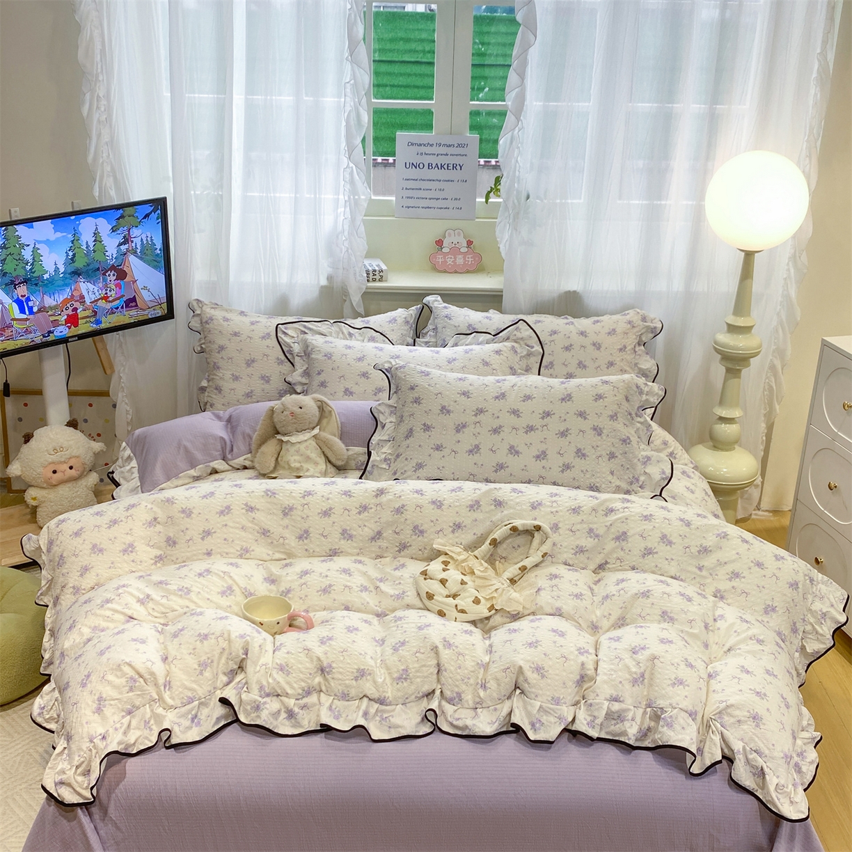 优贝家纺 2026新款云感双层纱皱皱纱花边四件套 小美好