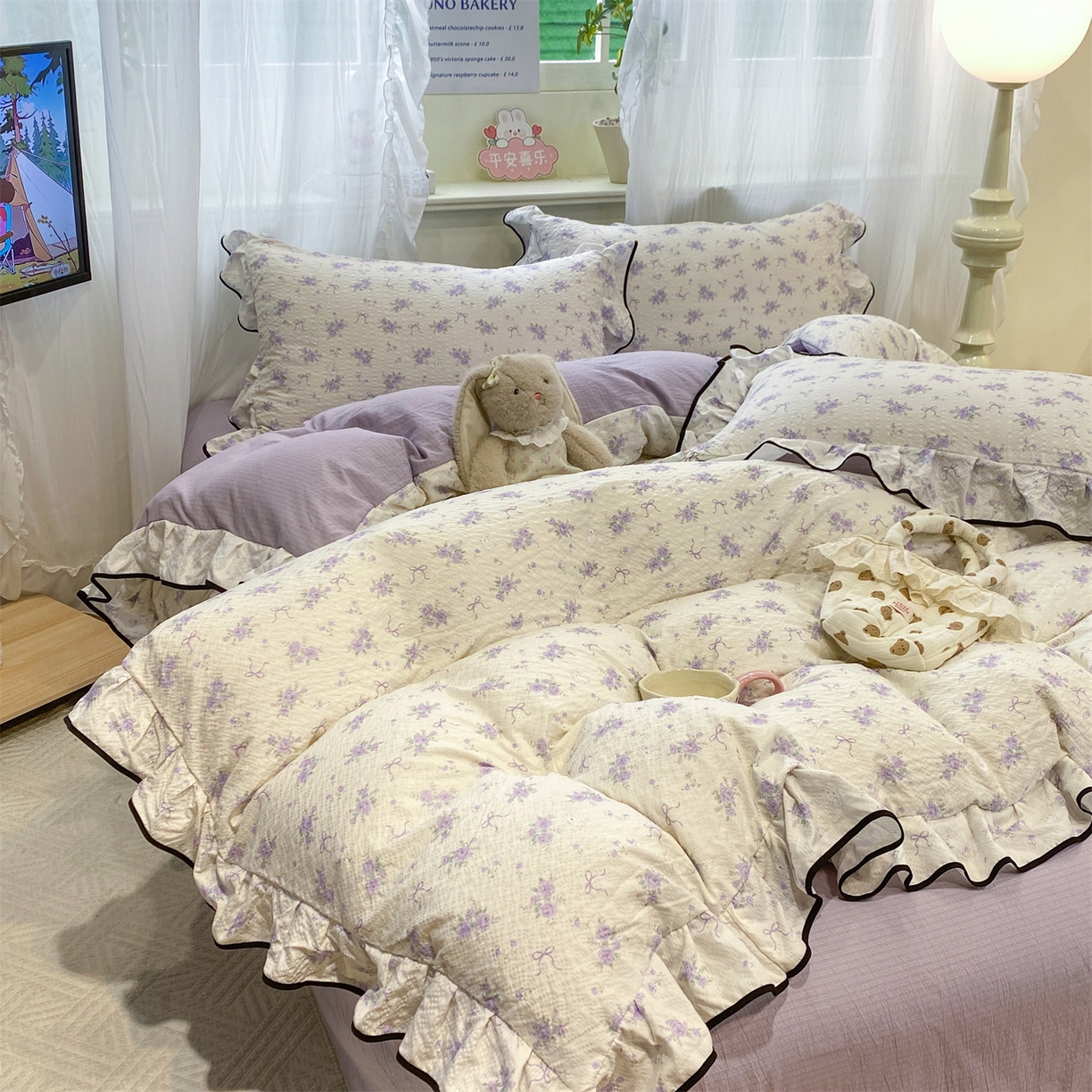 91家纺网 家纺一手货源 找家纺 优贝家纺 2026新款云感双层纱皱皱纱花边四件套 小美好