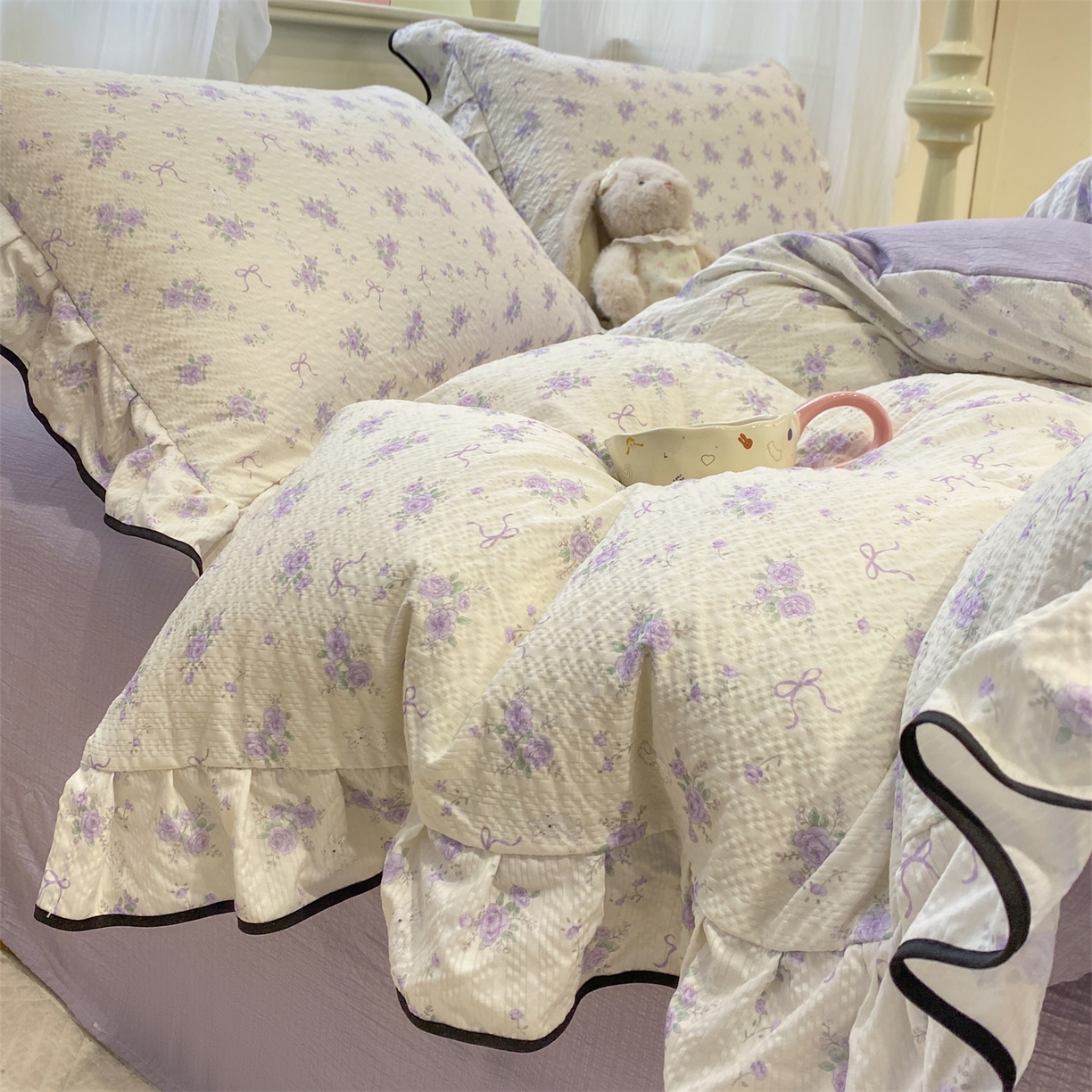 91家纺网 家纺一手货源 找家纺 优贝家纺 2026新款云感双层纱皱皱纱花边四件套 小美好