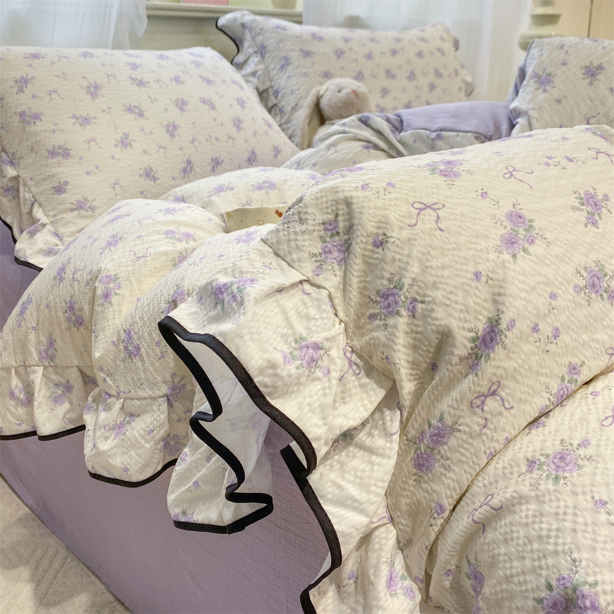 91家纺网 家纺一手货源 找家纺 优贝家纺 2026新款云感双层纱皱皱纱花边四件套 小美好