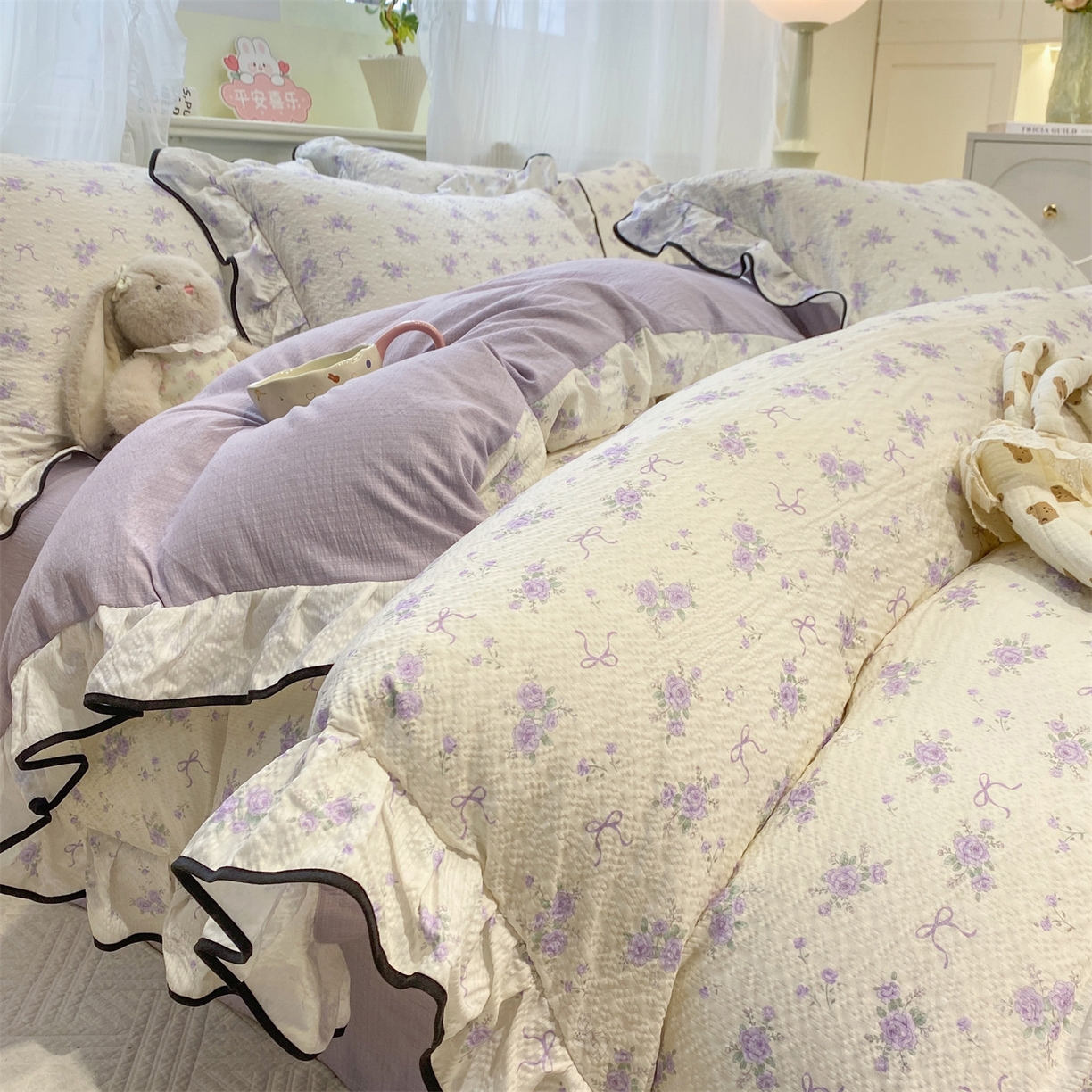 91家纺网 家纺一手货源 找家纺 优贝家纺 2026新款云感双层纱皱皱纱花边四件套 小美好