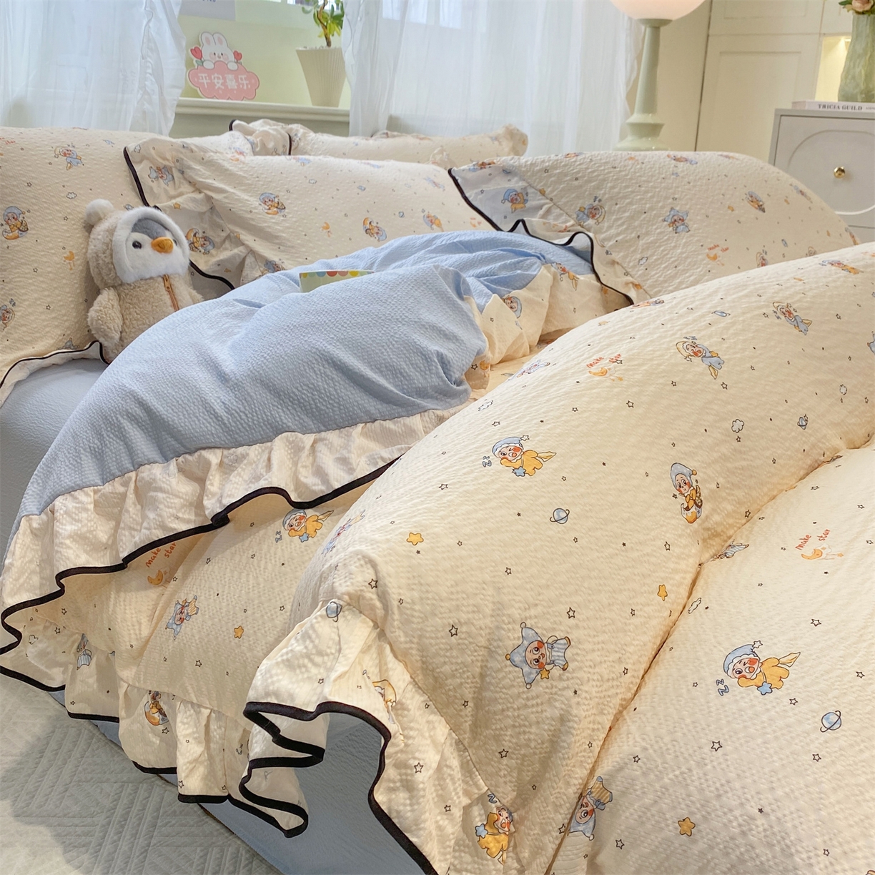 91家纺网 家纺一手货源 找家纺 优贝家纺 2026新款云感双层纱皱皱纱花边四件套 星雪人