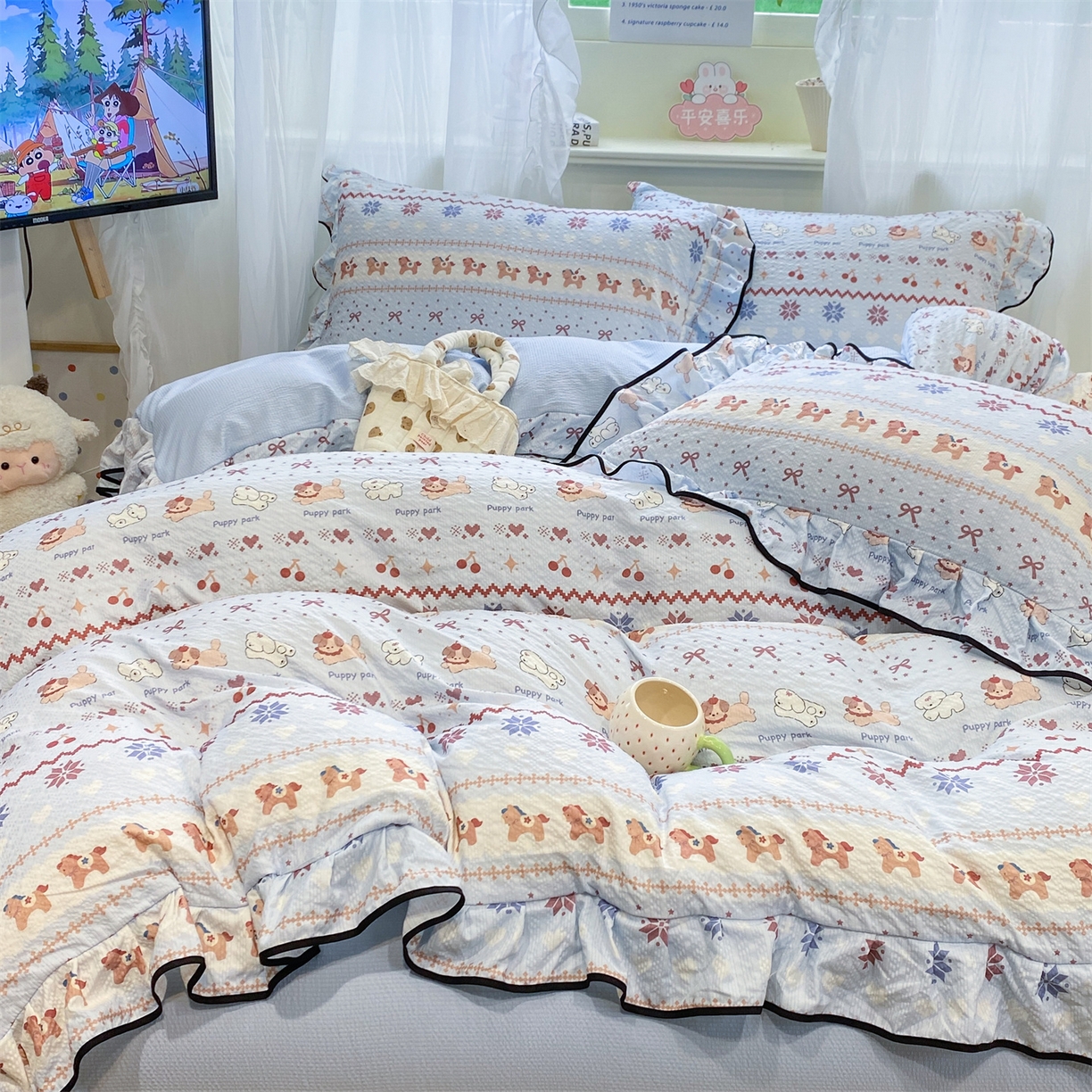 91家纺网 家纺一手货源 找家纺 优贝家纺 2026新款云感双层纱皱皱纱花边四件套 悠然小花