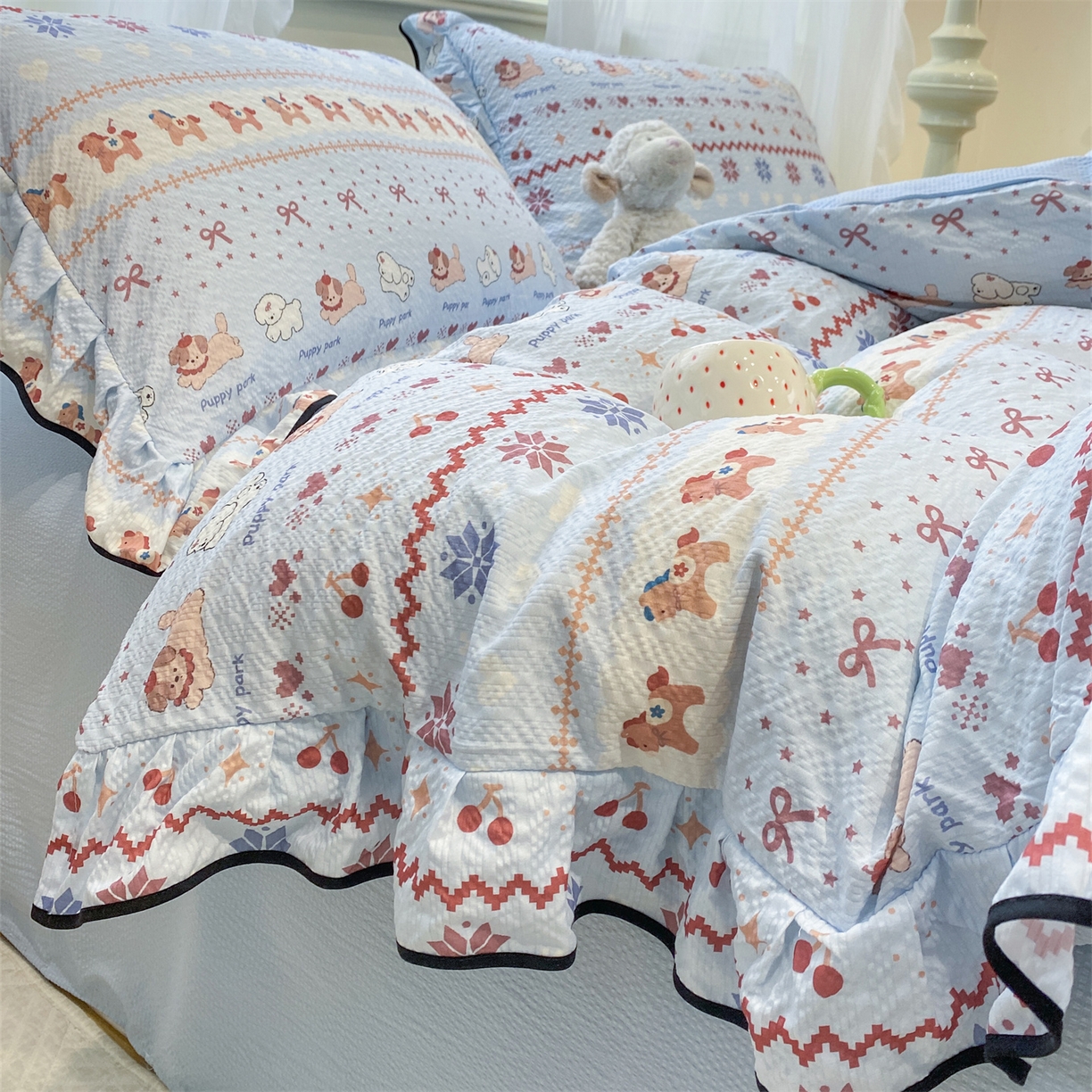 91家纺网 家纺一手货源 找家纺 优贝家纺 2026新款云感双层纱皱皱纱花边四件套 悠然小花