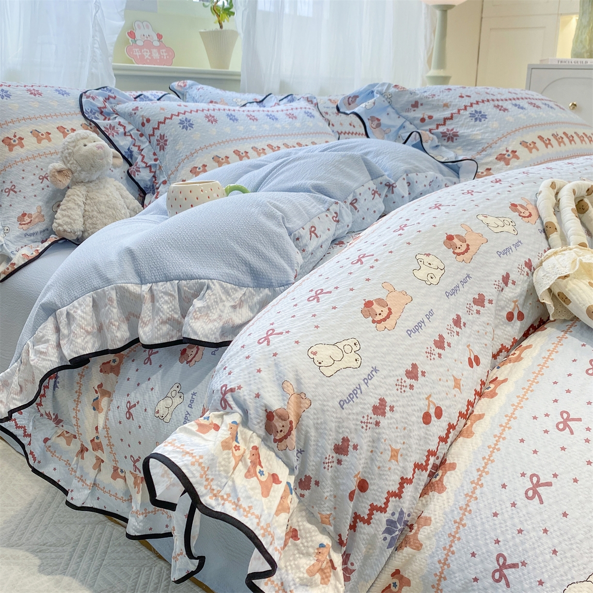 91家纺网 家纺一手货源 找家纺 优贝家纺 2026新款云感双层纱皱皱纱花边四件套 悠然小花