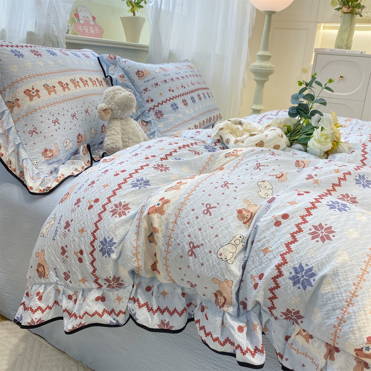 91家纺网 家纺一手货源 找家纺 优贝家纺 2026新款云感双层纱皱皱纱花边四件套 悠然小花