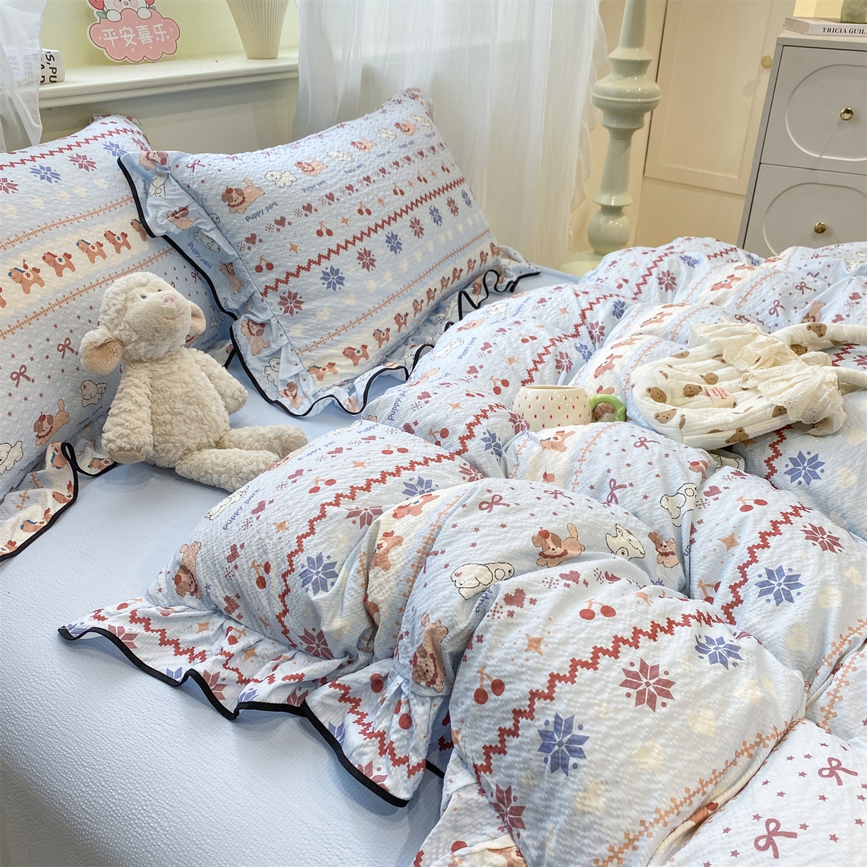 91家纺网 家纺一手货源 找家纺 优贝家纺 2026新款云感双层纱皱皱纱花边四件套 悠然小花