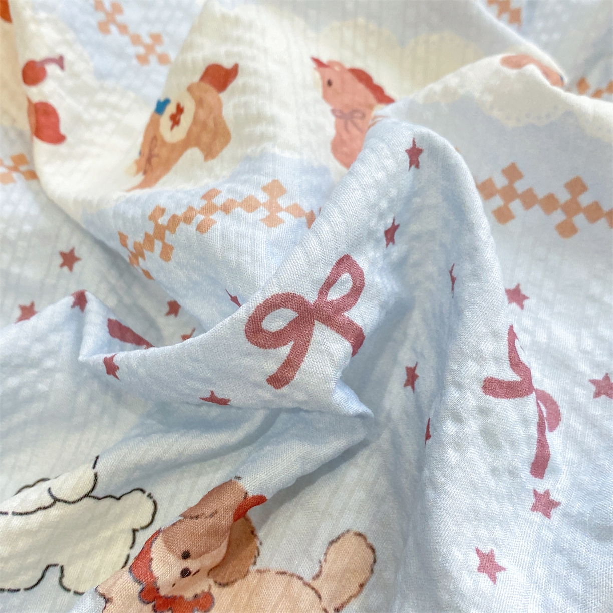 91家纺网 家纺一手货源 找家纺 优贝家纺 2026新款云感双层纱皱皱纱花边四件套 悠然小花