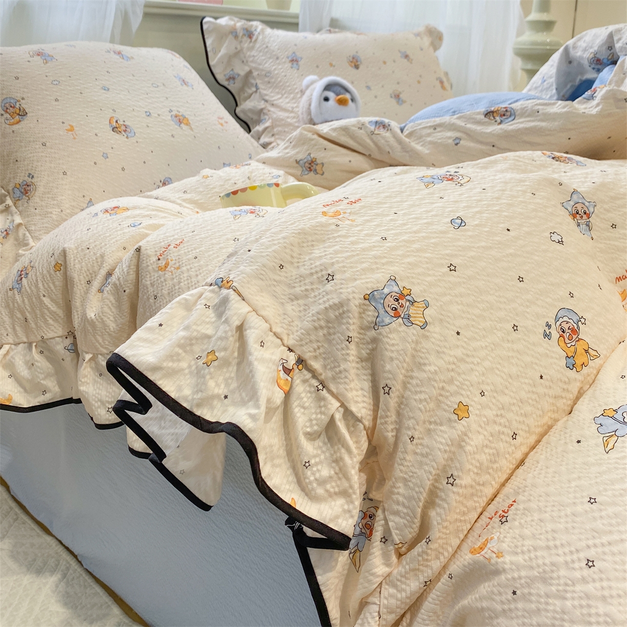 91家纺网 家纺一手货源 找家纺 （总）优贝家纺 2026新款云感双层纱皱皱纱花边四件套