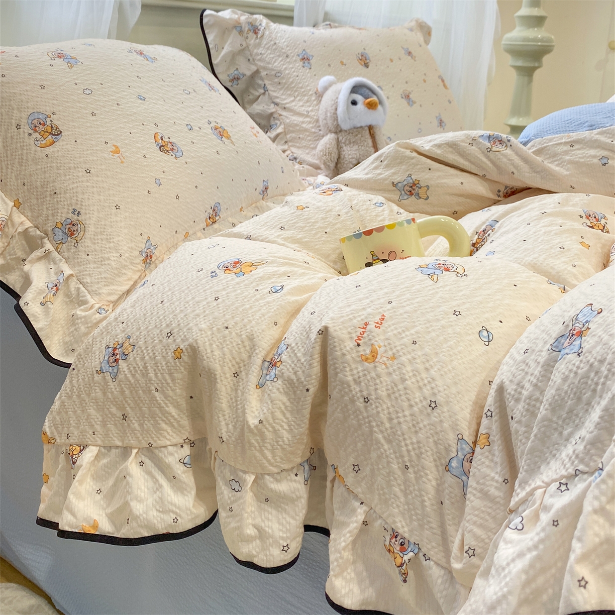 91家纺网 家纺一手货源 找家纺 （总）优贝家纺 2026新款云感双层纱皱皱纱花边四件套