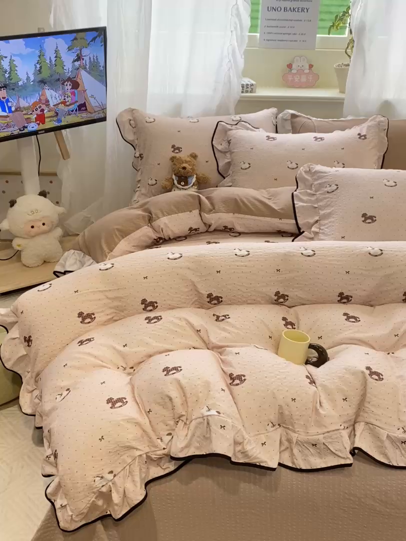 91家纺网 家纺一手货源 找家纺 （总）优贝家纺 2026新款云感双层纱皱皱纱花边四件套