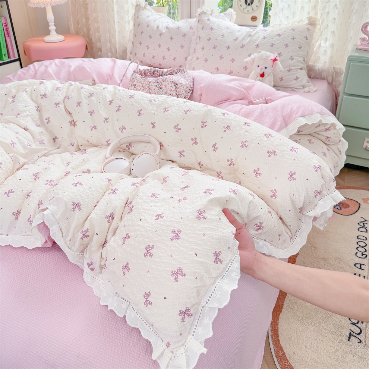 91家纺网 家纺一手货源 找家纺 （总）优贝家纺 2026新款云感皱皱纱韩系花边四件套