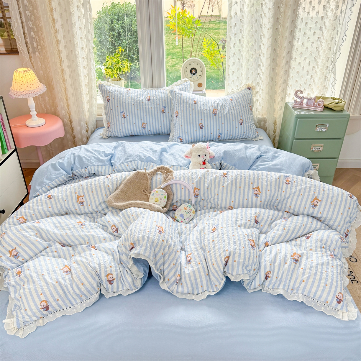 91家纺网 家纺一手货源 找家纺 优贝家纺 2026新款云感皱皱纱韩系花边四件套 星星点点