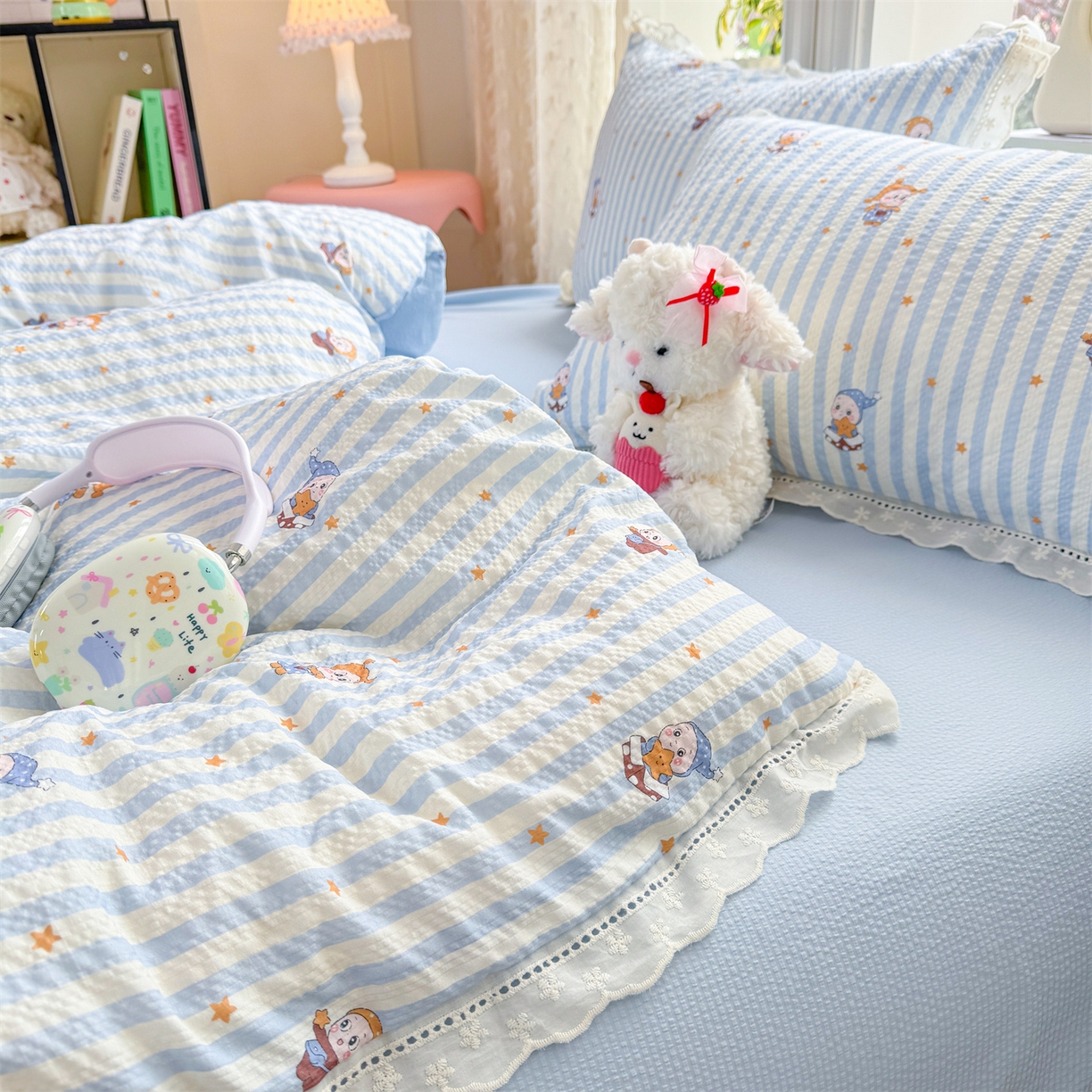 91家纺网 家纺一手货源 找家纺 优贝家纺 2026新款云感皱皱纱韩系花边四件套 星星点点