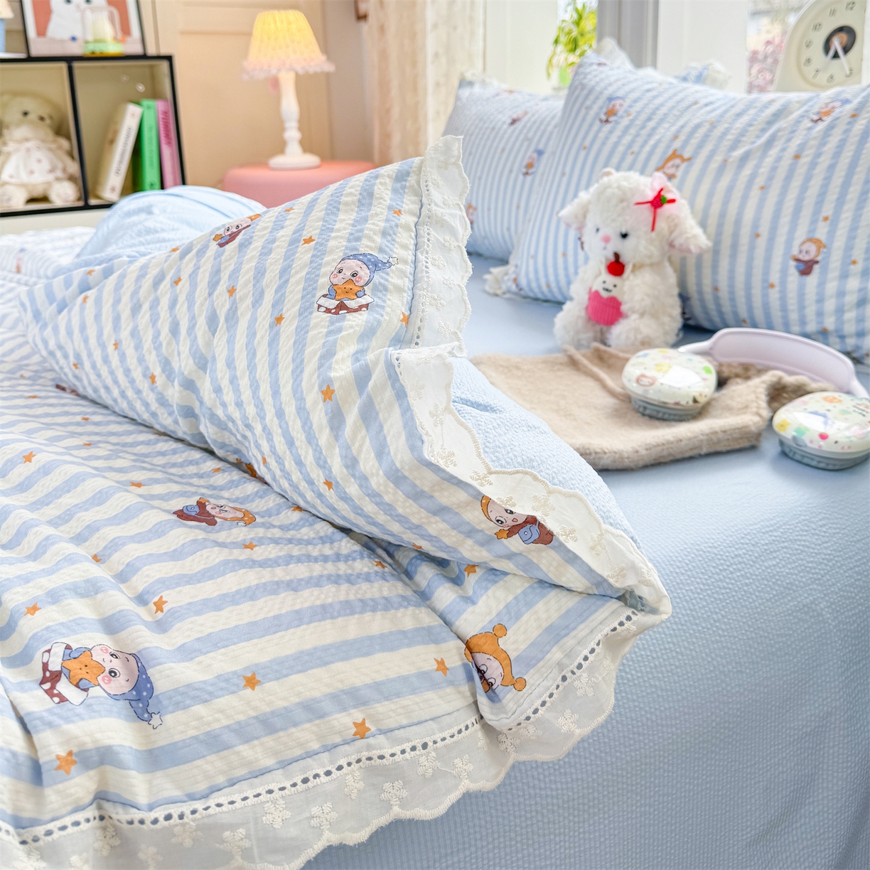 91家纺网 家纺一手货源 找家纺 优贝家纺 2026新款云感皱皱纱韩系花边四件套 星星点点