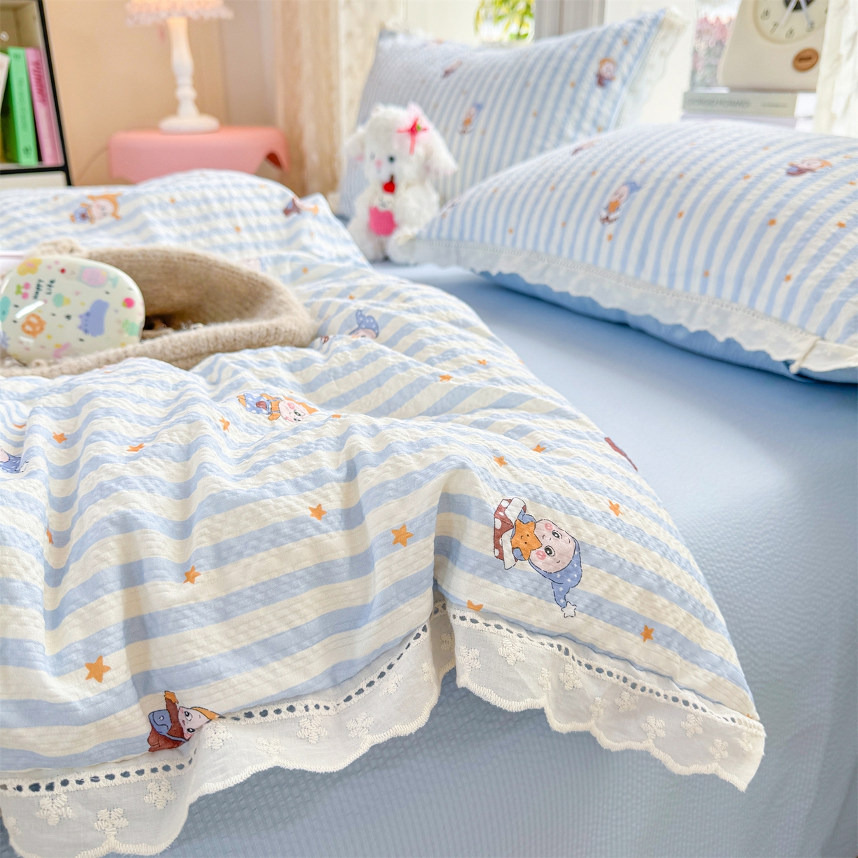 91家纺网 家纺一手货源 找家纺 优贝家纺 2026新款云感皱皱纱韩系花边四件套 星星点点