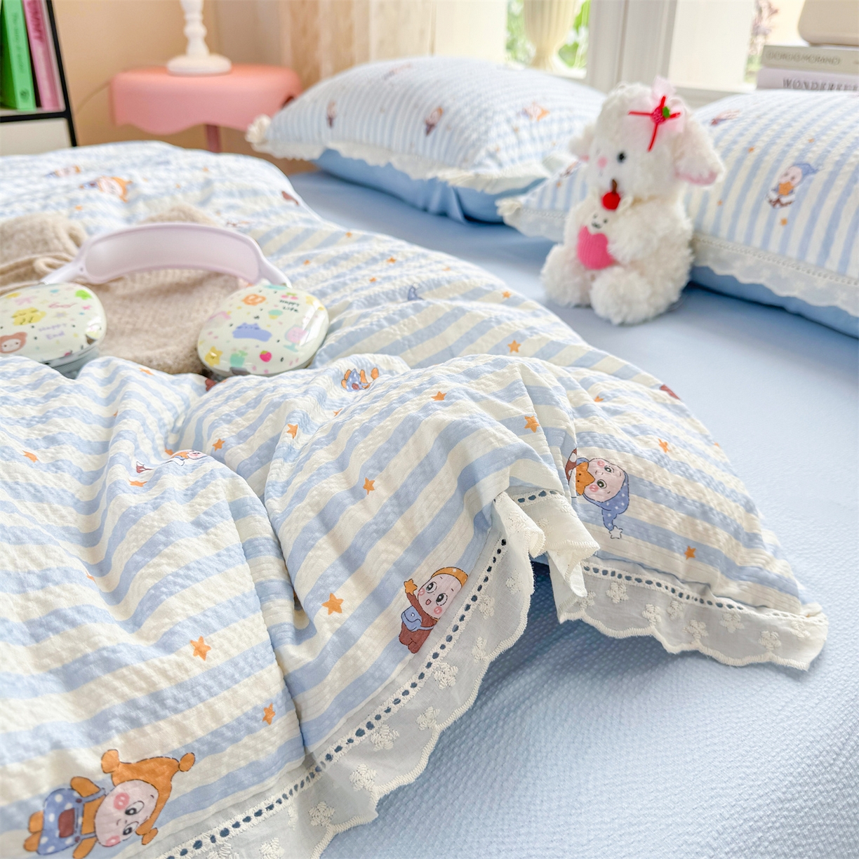 91家纺网 家纺一手货源 找家纺 优贝家纺 2026新款云感皱皱纱韩系花边四件套 星星点点