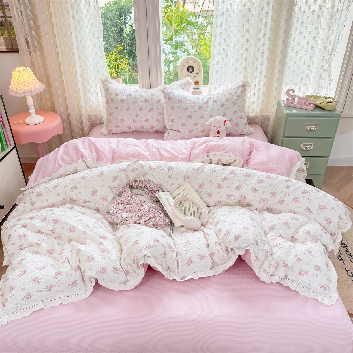 91家纺网 家纺一手货源 找家纺 优贝家纺 2026新款云感皱皱纱韩系花边四件套 初恋