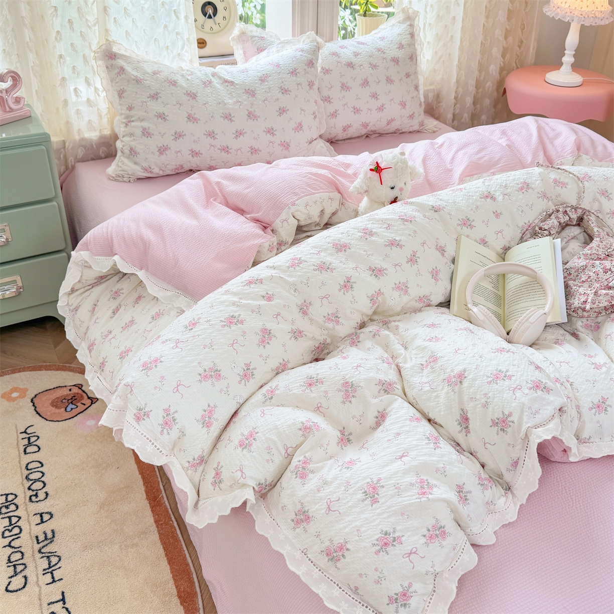 91家纺网 家纺一手货源 找家纺 优贝家纺 2026新款云感皱皱纱韩系花边四件套 初恋