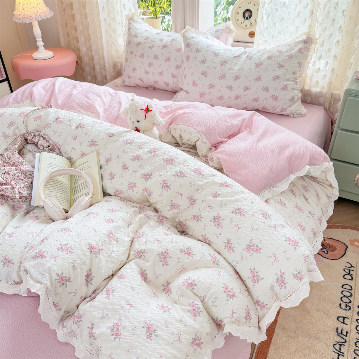 91家纺网 家纺一手货源 找家纺 优贝家纺 2026新款云感皱皱纱韩系花边四件套 初恋