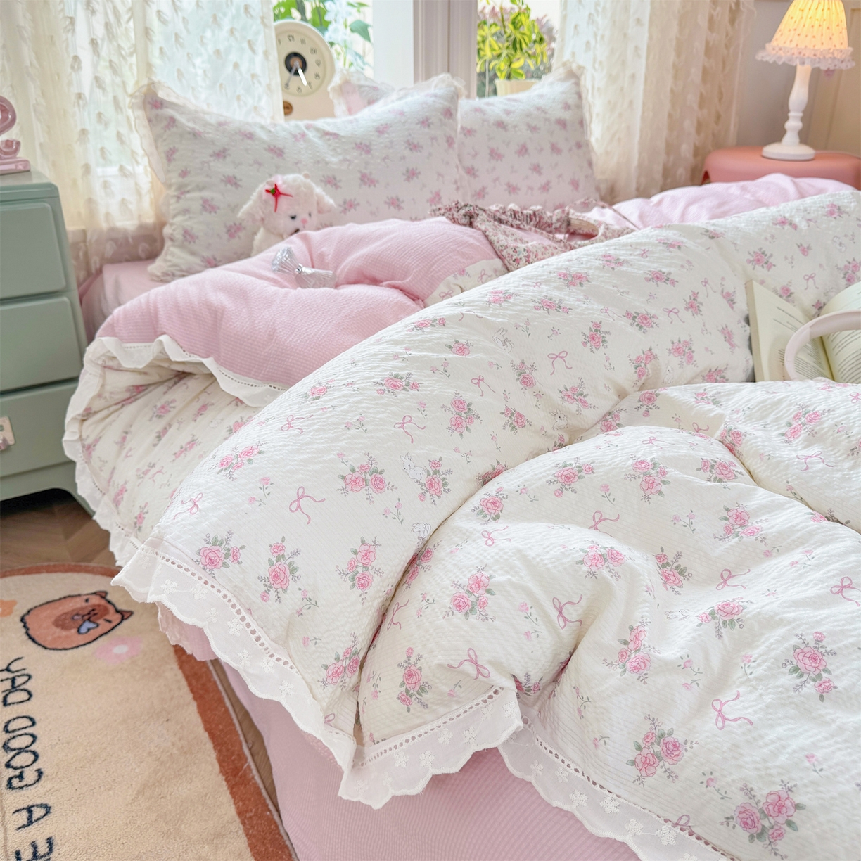 91家纺网 家纺一手货源 找家纺 优贝家纺 2026新款云感皱皱纱韩系花边四件套 初恋