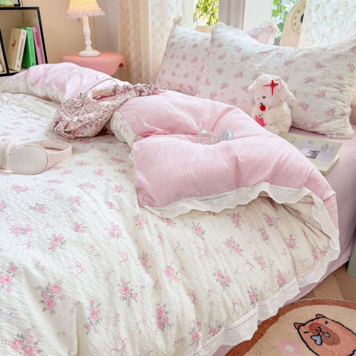 91家纺网 家纺一手货源 找家纺 优贝家纺 2026新款云感皱皱纱韩系花边四件套 初恋