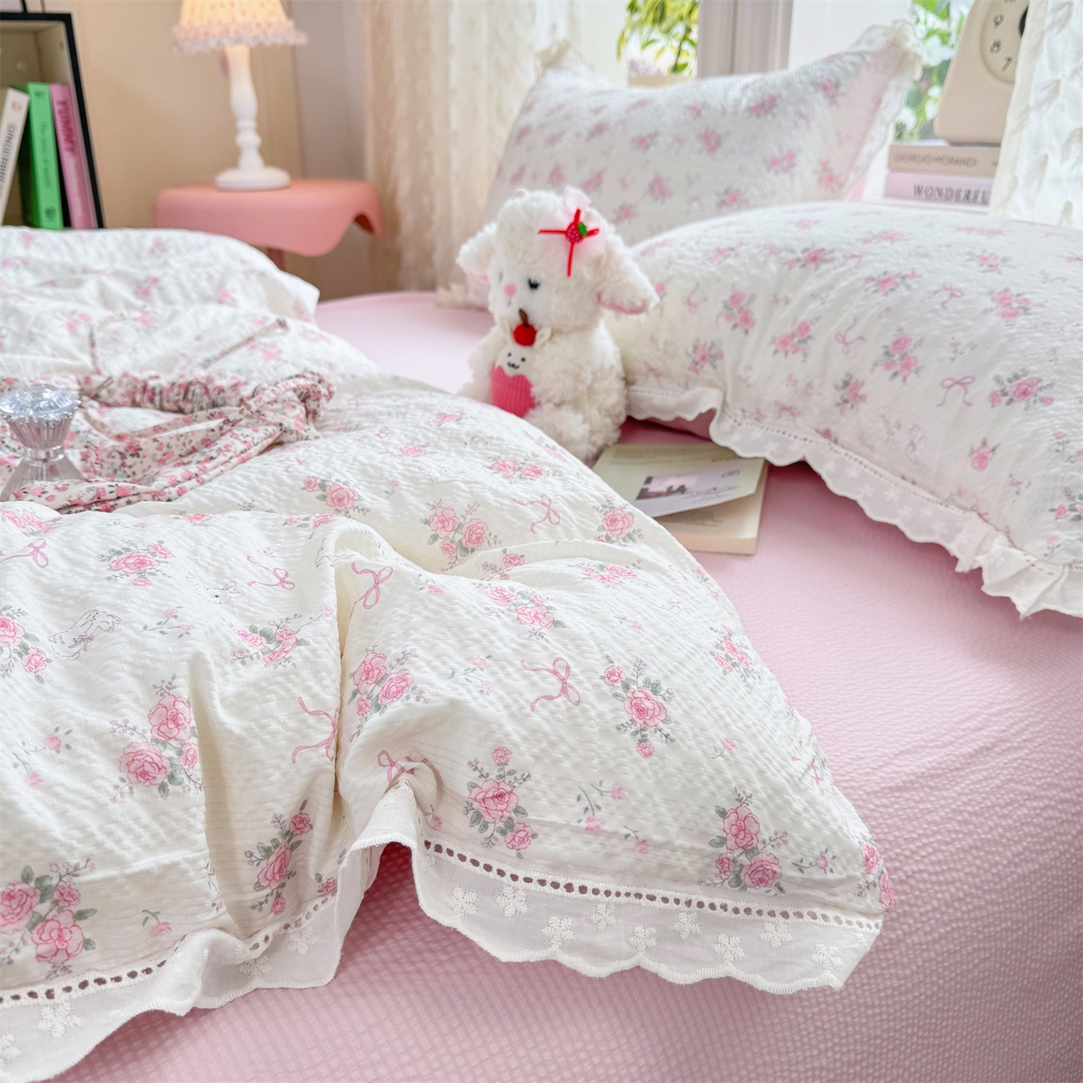 91家纺网 家纺一手货源 找家纺 优贝家纺 2026新款云感皱皱纱韩系花边四件套 初恋