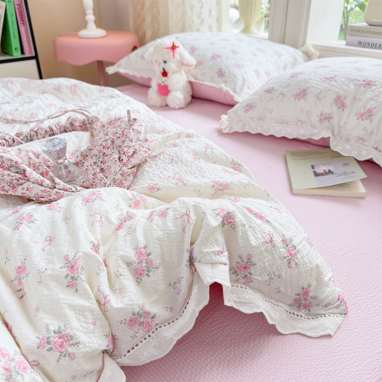 91家纺网 家纺一手货源 找家纺 优贝家纺 2026新款云感皱皱纱韩系花边四件套 初恋