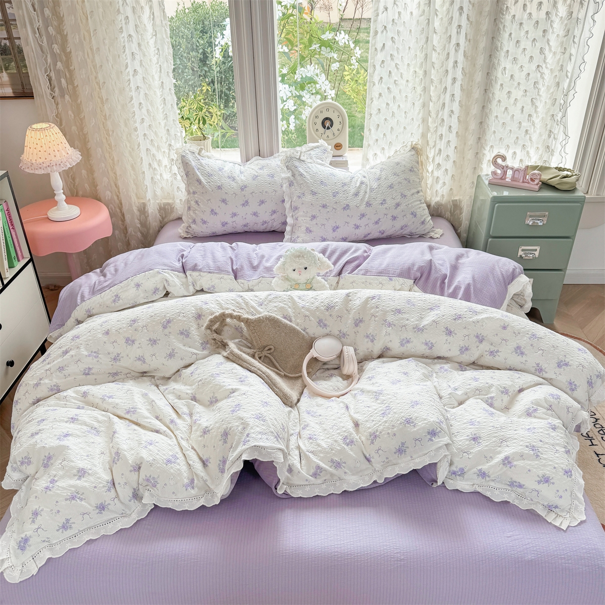 91家纺网 家纺一手货源 找家纺 优贝家纺 2026新款云感皱皱纱韩系花边四件套 春风里