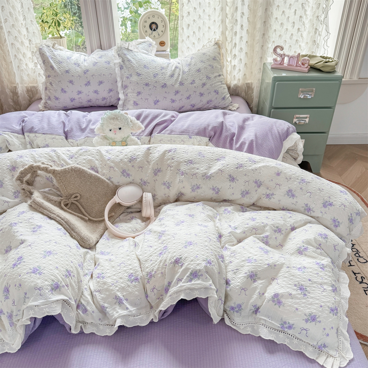 91家纺网 家纺一手货源 找家纺 优贝家纺 2026新款云感皱皱纱韩系花边四件套 春风里