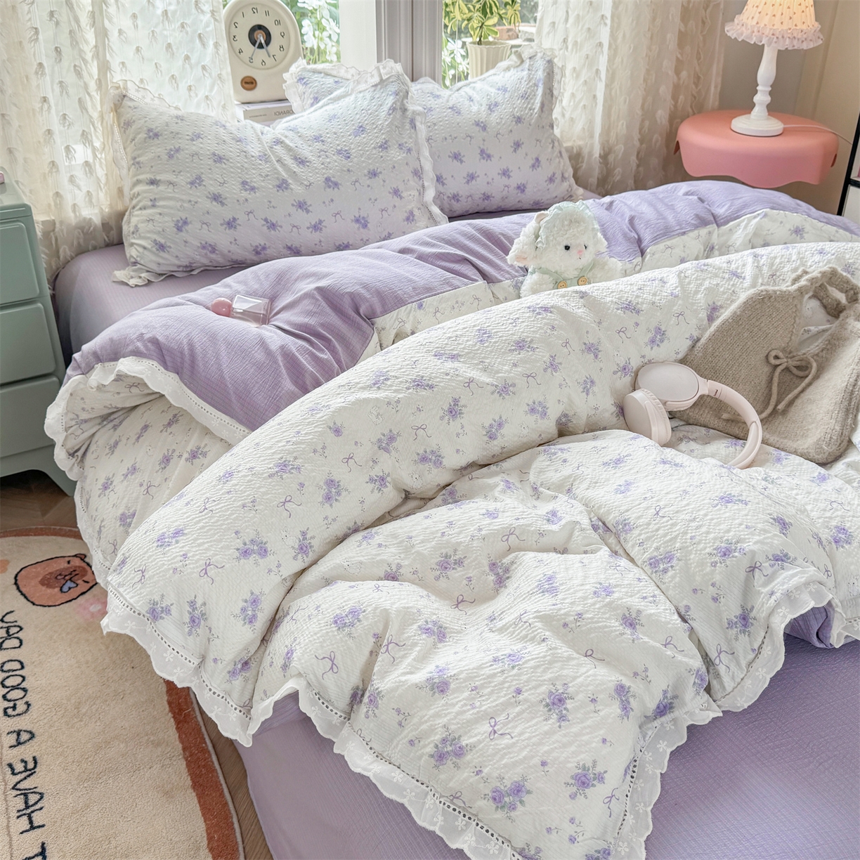 91家纺网 家纺一手货源 找家纺 优贝家纺 2026新款云感皱皱纱韩系花边四件套 春风里