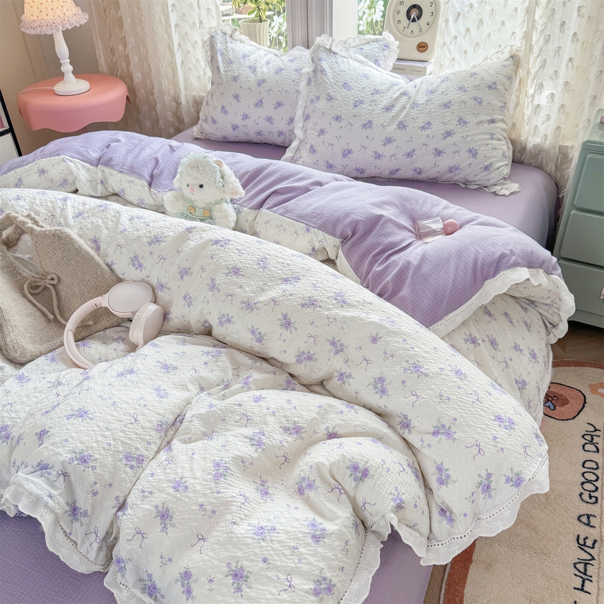 91家纺网 家纺一手货源 找家纺 优贝家纺 2026新款云感皱皱纱韩系花边四件套 春风里