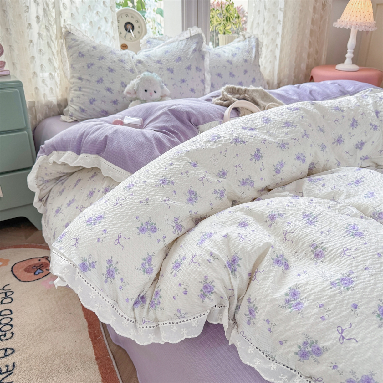 91家纺网 家纺一手货源 找家纺 优贝家纺 2026新款云感皱皱纱韩系花边四件套 春风里