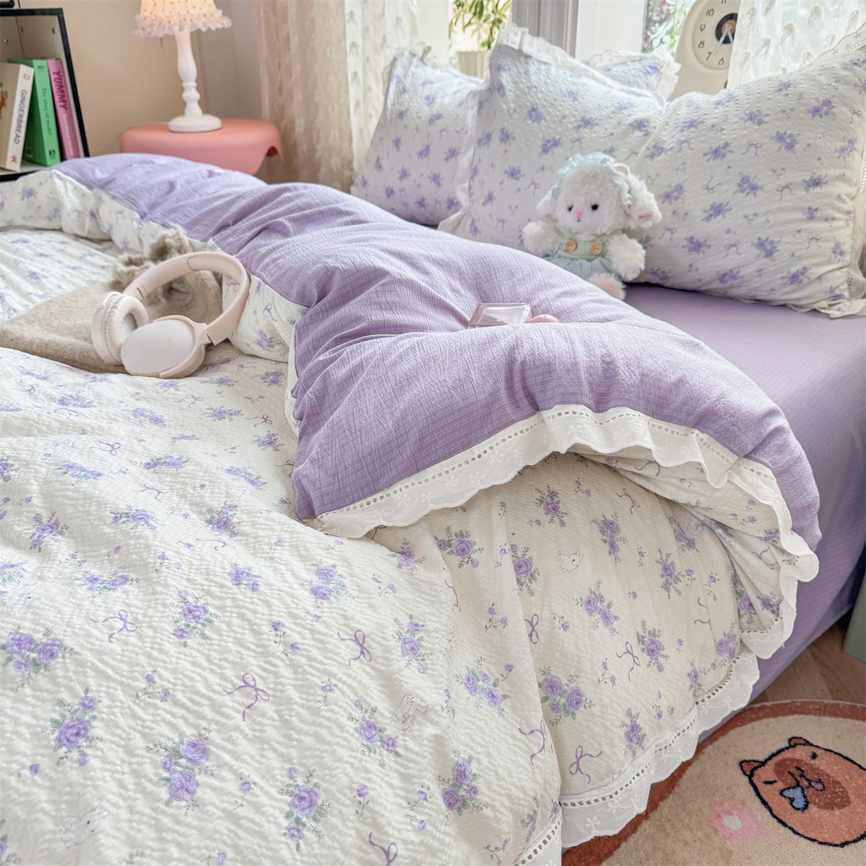 91家纺网 家纺一手货源 找家纺 优贝家纺 2026新款云感皱皱纱韩系花边四件套 春风里