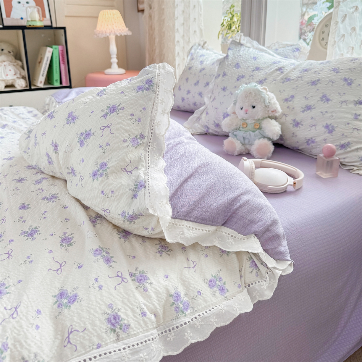 91家纺网 家纺一手货源 找家纺 优贝家纺 2026新款云感皱皱纱韩系花边四件套 春风里