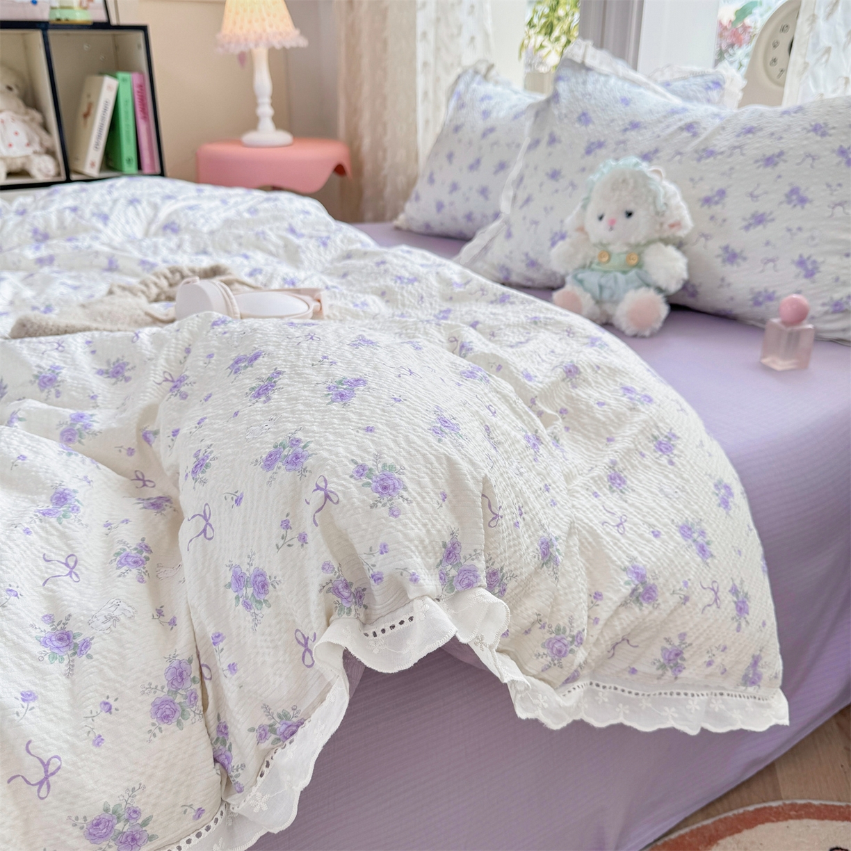 91家纺网 家纺一手货源 找家纺 优贝家纺 2026新款云感皱皱纱韩系花边四件套 春风里