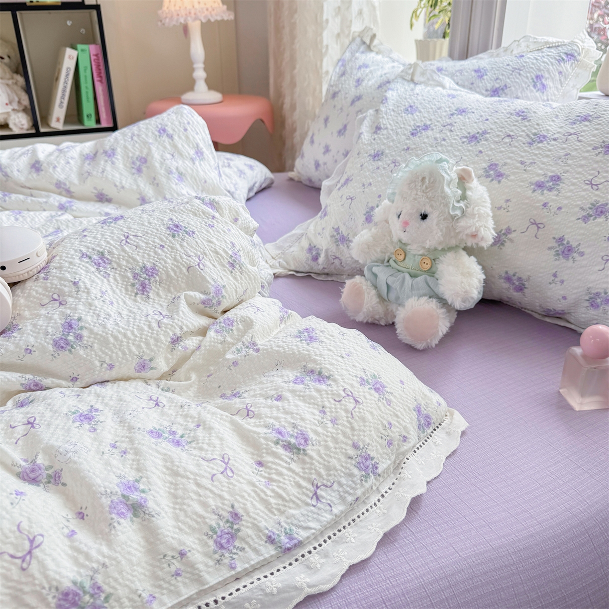 91家纺网 家纺一手货源 找家纺 优贝家纺 2026新款云感皱皱纱韩系花边四件套 春风里