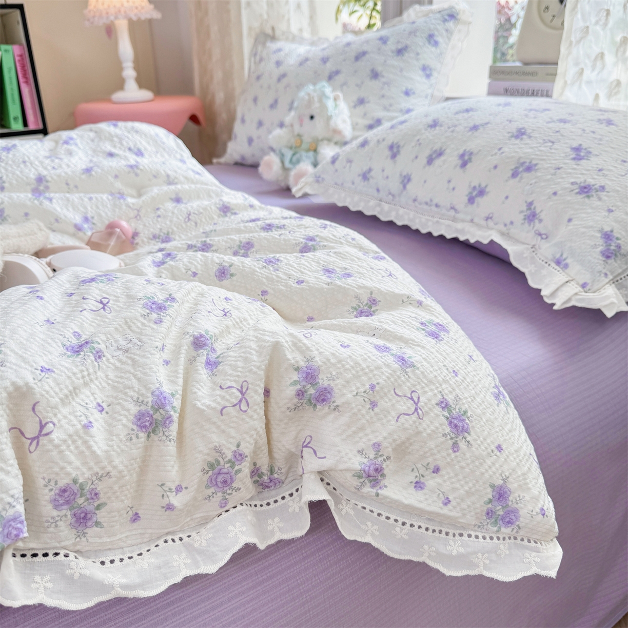 91家纺网 家纺一手货源 找家纺 优贝家纺 2026新款云感皱皱纱韩系花边四件套 春风里