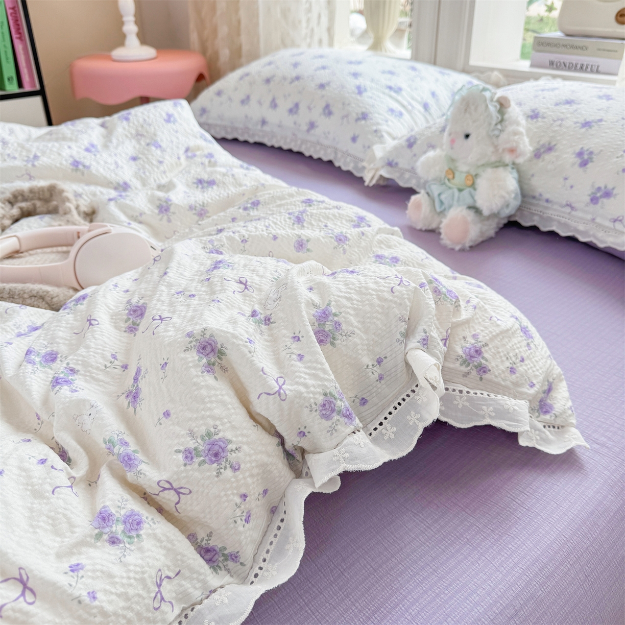 91家纺网 家纺一手货源 找家纺 优贝家纺 2026新款云感皱皱纱韩系花边四件套 春风里