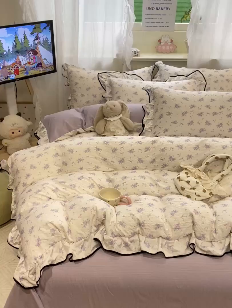 91家纺网 家纺一手货源 找家纺 优贝家纺 2026新款云感皱皱纱韩系花边四件套 春风里