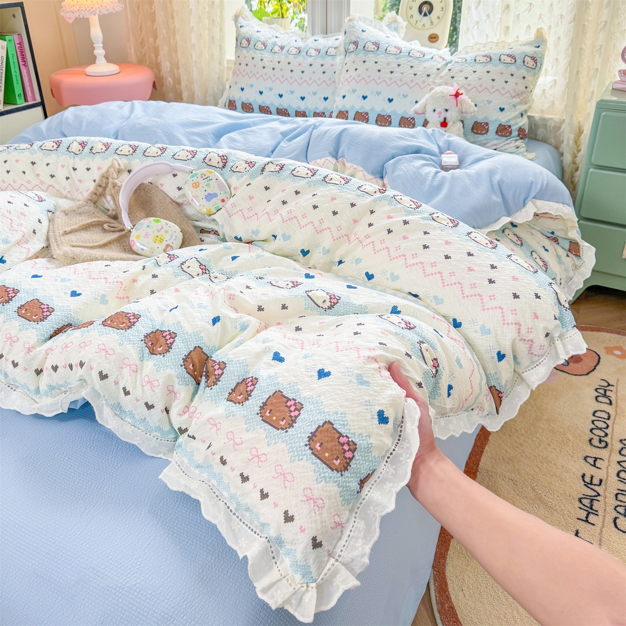 优贝家纺 2026新款云感皱皱纱韩系花边四件套 繁星小猫