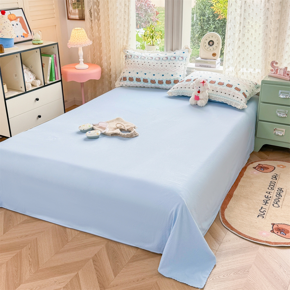 91家纺网 家纺一手货源 找家纺 优贝家纺 2026新款云感皱皱纱韩系花边四件套 繁星小猫